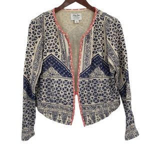 Lucky Lotus by Lucky Brand Open Front Cardigan Womens Sz Large Cream Blue Aztec